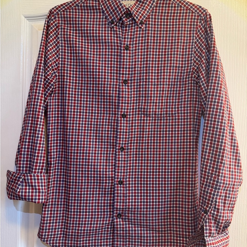 J. Crew Brushed Twill Slim Fit Red and Blue Plaid Button Down Shirt